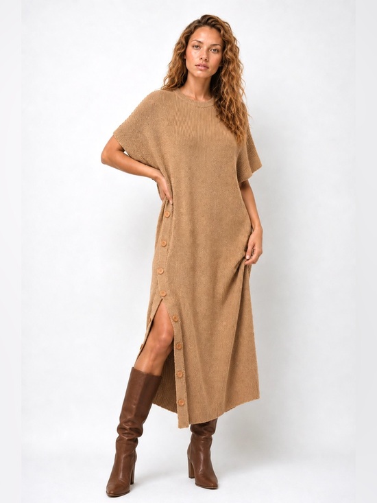 KISA Dresses & Skirts - KISA Camel Knit Sweater Dress Maxi Wool Slit L